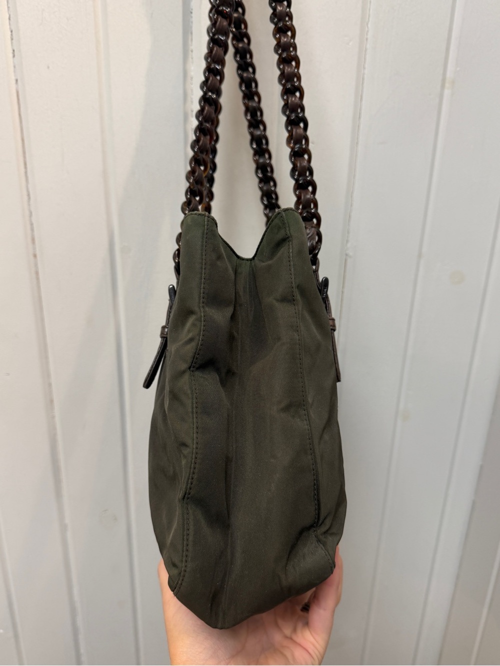 Prada Vintage Green Nylon Classic Shoulder Tote Bag with Acrylic Chain Straps - Picture 6 of 10